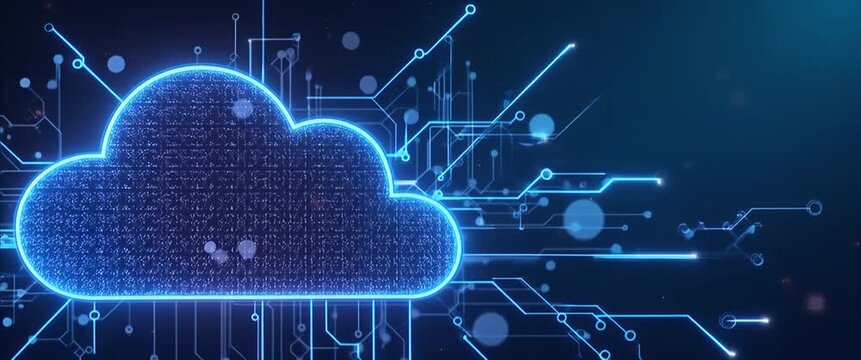 Futuristic cloud computing technology concept with glowing digital cloud icon in motion as camera slowly pans, highlighting dynamic data flow and digital connectivity in a cinematic style.