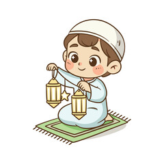 Cute Muslim boy sitting on prayer mat holding traditional lanterns
