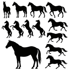 Running and Rearing Horse Silhouette Set Clipart Isolated on Transparent Background