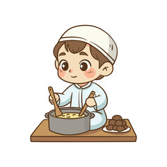 Young Muslim boy stirring a pot of food for Iftar meal