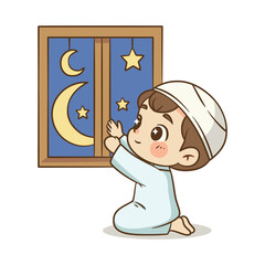 Little Muslim boy looking at the crescent moon through a window