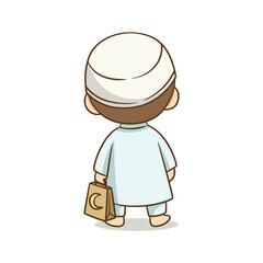 Back view of a Muslim boy carrying a shopping bag with moon