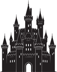 Obraz premium Black silhouette medieval castle with white outlines and multiple towers on white background also transparent background