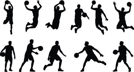 Basketball players silhouettes in dynamic poses dribbling, dunking, passing, and jumping with ball, vector illustration showcasing athletic motion and sports action © Milan