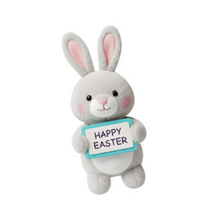 Obraz premium Happy Easter Bunny PNG. Cute grey plush rabbit character holding a blue text greeting sign isolated. Joyful spring holiday celebration festive seasonal decoration and cheerful animal mascot design