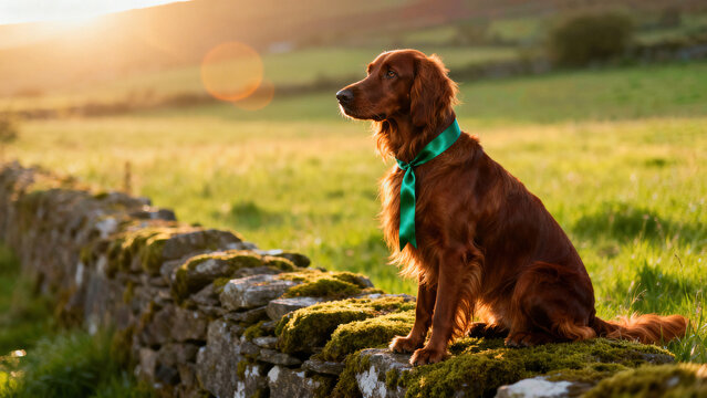 An Irish Setter with long silky mahogany fur sitting on a mossy stone wall in a lush green Irish meadow, wearing a thin elegant emerald green silk ribbon around its neck
