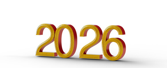 2026 year concept in 3D render with red and yellow metallic digits on white background....
