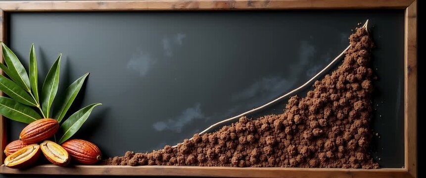 Cinematic close-up of cocoa pods gradually stacking to form a growth graph on a chalkboard, with gentle ambient lighting shifts and a slow camera pan, symbolizing agricultural success.