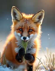 Fototapeta premium Close-up of a young red fox eating green grass in winter snow. Fox has bright eyes and fur. Sunlight hits its head. Wildlife scene with cute animal.