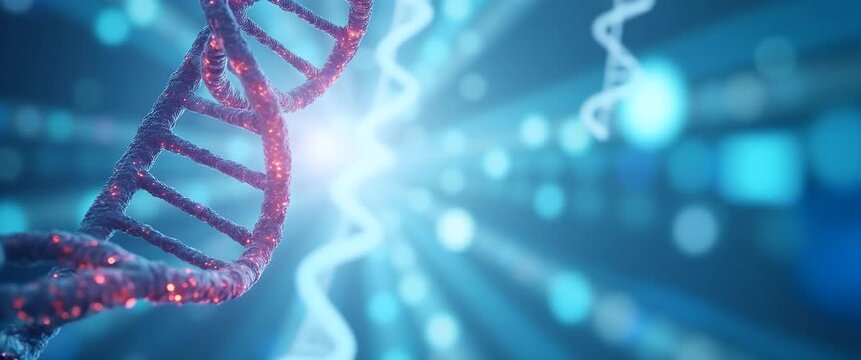 DNA strands gently rotate in a luminous, abstract space; the camera steadily pans, capturing the ethereal glow and intricate patterns in a cinematic, science-themed exploration.