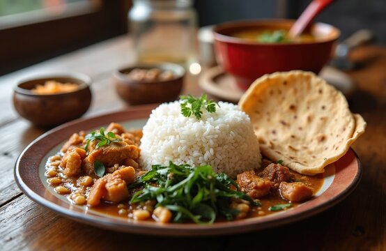 Steamed rice served with chicken curry, lentils, and flatbread on a wooden table. This traditional Nepali meal is popular with locals and trekkers in the Himalayas.
