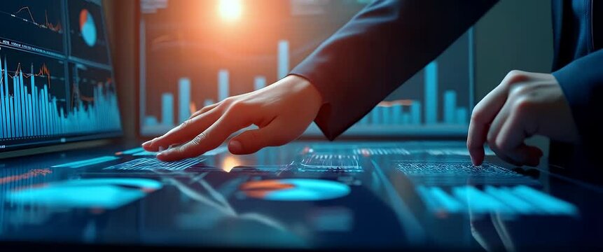 Hands navigate a digital touchscreen with dynamic data visualizations, while the camera slowly pans to capture ambient light flickering, creating a cinematic, futuristic technology atmosphere.