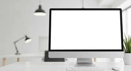 Fototapeta premium A modern, minimalist workspace with a sleek, white desk and a sleek, black monitor with a blank white screen.