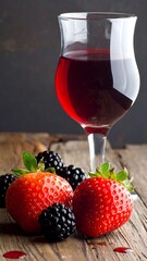 Close-up of a glass filled with red liquid surrounded by strawberries and blackberries on a wooden surface