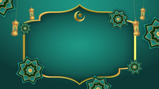 Animated gold and green Islamic backgrounds with gold frames, geometric stars, lanterns, and copy space for Ramadan.