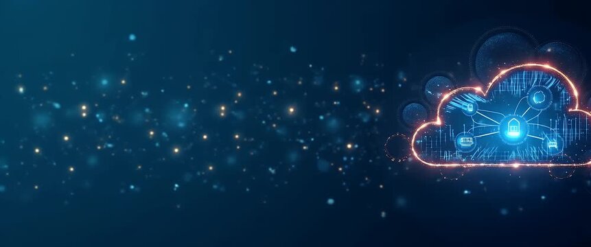 Glowing cloud network icons float gently, symbolizing digital security; camera pans slowly across a tech-inspired, cinematic blue backdrop, with particles softly drifting in ambient motion.