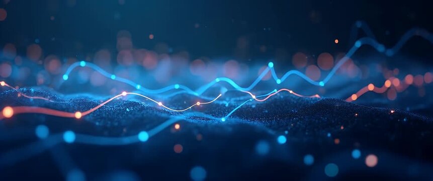 Abstract data waves pulse gently against a dark backdrop, as the camera pans slowly, creating a cinematic feel with vibrant bokeh lights flickering, perfect for technology and innovation themes.