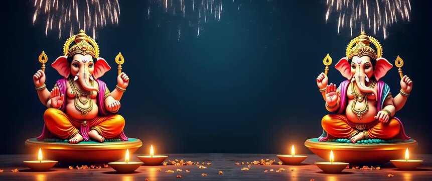 Ganesh and fireworks border frame with spiritual copy space for Diwali concept as Majestic Ganesh figures and vibrant fireworks framing spiritual space for Diwali messages in  Photo Stock  Concept  an