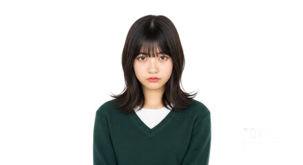 A young woman with shoulder-length hair, wearing a green sweater, standing against a white background with text overlay.