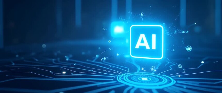 AI network visualization with dynamic data flow, illuminated by flickering digital lights; the camera smoothly pans across a futuristic, cinematic digital landscape.