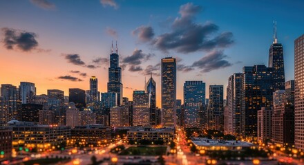 Obraz premium Chicago skyline at sunset with the Willis Tower and other skyscrapers illuminated.