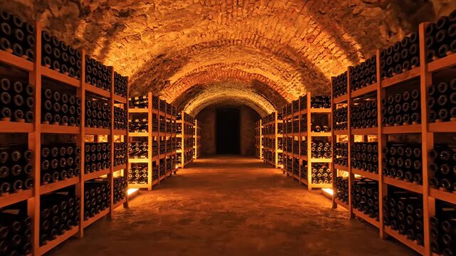 Long brick wine cellar with many bottles on wooden racks
