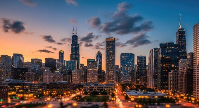 Chicago skyline at sunset with the Willis Tower and other skyscrapers illuminated.