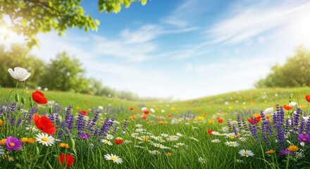 Naklejka premium A vibrant meadow with a variety of colorful wildflowers and grasses under a clear blue sky with scattered clouds.