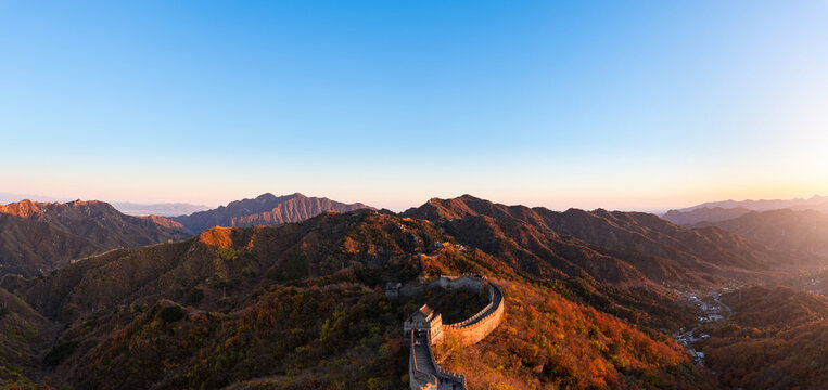 Great Wall of China Panoramic View in Autumn, Golden Hour Mountain Landscape