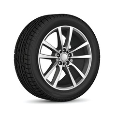Obraz premium A realistic depiction of a car wheel, composed of a tire and a multi-spoke alloy rim. The tire showcases tread details, and the wheel has a reflective finish