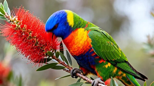 Colorful parrot feeding on flower