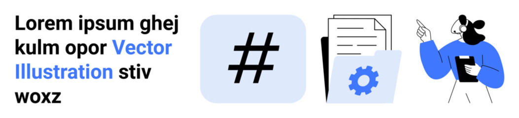 Obraz premium metadata tag icon, gear with documents, and person with tablet pointing. Ideal for social media, digital collaboration, data organization, marketing, education, information sharing simple landing