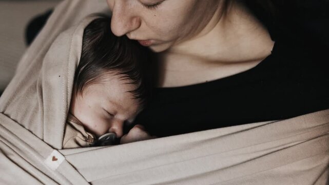 Close-up of a mother kissing her sleeping newborn baby's head while holding them in a beige fabric sling carrier. Natural indoor lighting, lifestyle scene.