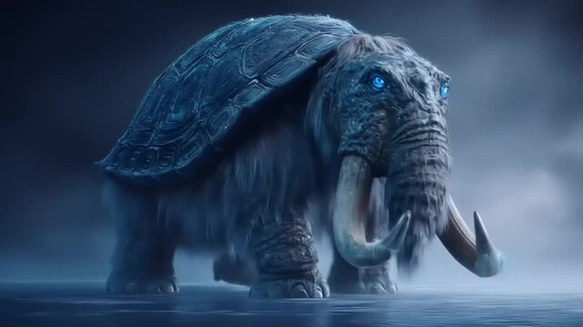 Fantasy creature an elephantine beast with glowing eyes and shell