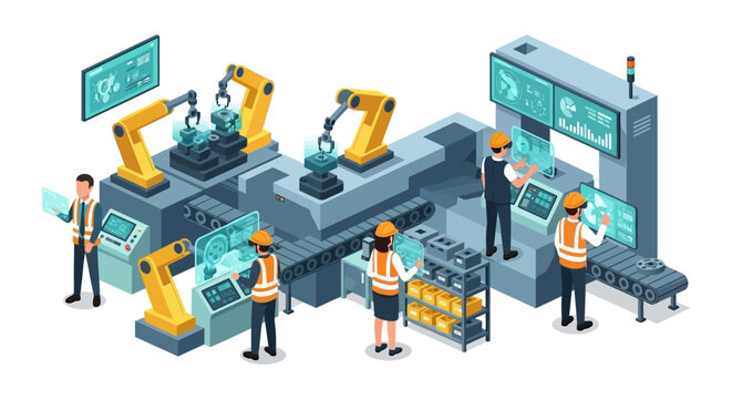Industry 4.0 Smart Factory Automation with Robotic Arms, Conveyor Belts, and Human Operators Monitoring Digital Production & Data on Control Panels.