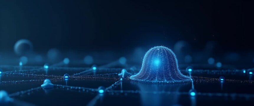 Futuristic digital sphere pulses on a glowing grid, with gentle ambient lights flickering, captured in a cinematic slow pan, evoking a high-tech, innovative atmosphere.
