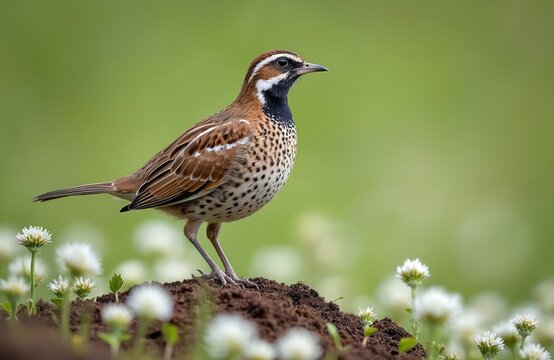 Barred buttonquail stands on mound of soil surrounded by white wildflowers. This small brown bird has distinctive markings on its chest, wings, striped head. It looks alertly to right in grassy field.