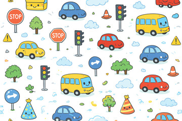 Fototapeta premium Cute Kawaii Vehicles and Traffic Signs Pattern