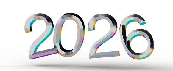 2026 New Year design with metallic 3D numbers. Perfect for holiday greetings, celebrations, and future planning. Isolate © vegefox.com
