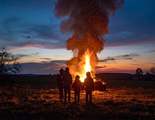 Kinder als Silhouetten vor dem Osterfeuer