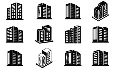 Perspective icons company and vector buildings set, Black office collection on white background