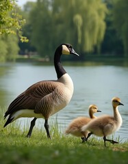 Obraz premium Adult goose and two fluffy goslings walk on grassy lake shore. Parent bird guards its young by calm water reflecting green trees. Wild family enjoys sunny day outdoors.