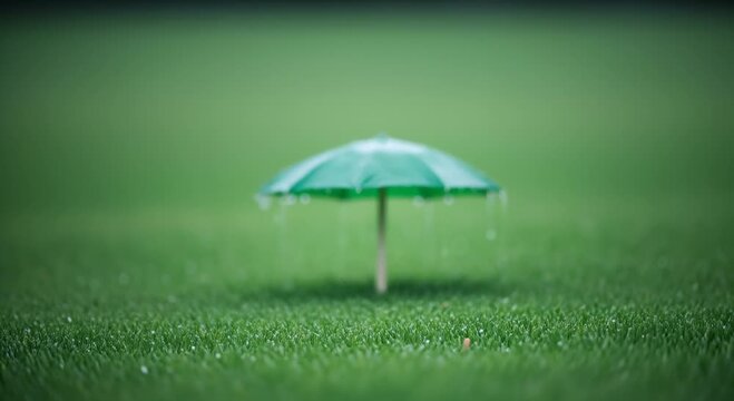 Miniature Green Umbrella Standing on Lush Grass With Rain Drops Falling