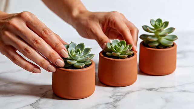 Hands arranging small potted succulents