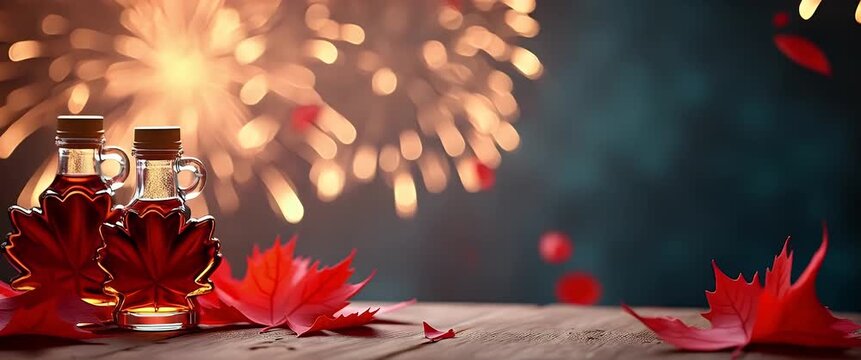 Maple syrup bottles on a rustic wooden table with vibrant red leaves sway gently, as fireworks burst in the background; camera slowly pans across the festive, cinematic scene.