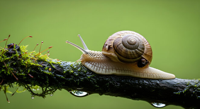 A snail slowly making its way across a mossy branch with dew drops in a serene natural setting.