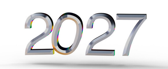 2027 in metallic silver with a subtle rainbow effect, perfect for New Year celebrations, future...