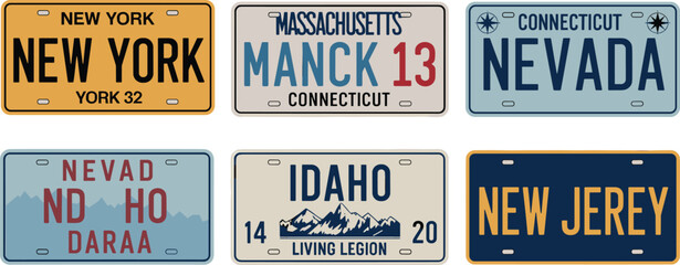 Vintage USA license plates vector set, retro American car number plate designs, New York, Massachusetts, Connecticut, Idaho and New Jersey typography collection ©  Alexander Creations