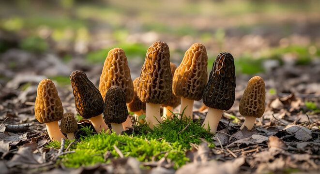 A cluster of morel mushrooms growing in a forest with green moss and brown leaves on the ground