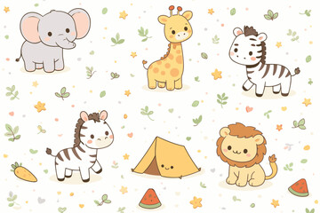 Fototapeta premium Cute Kawaii Jungle Animals Safari with Tent
